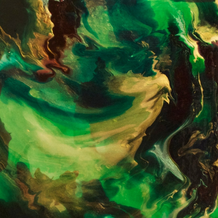 Contemporary, abstract, liquitex pouring medium, pour painting, colorful green and bronze art